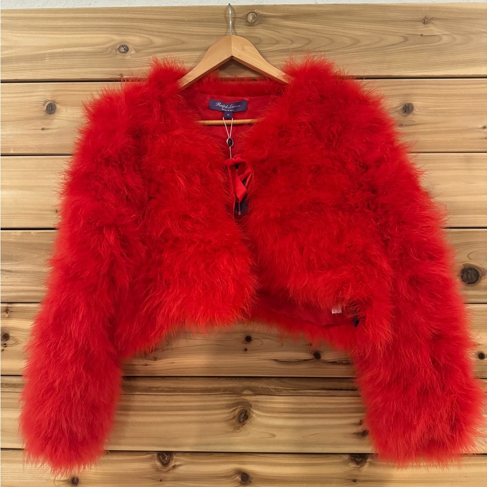 Ralph Lauren Purple Label Red Feathered Cropped Shrug